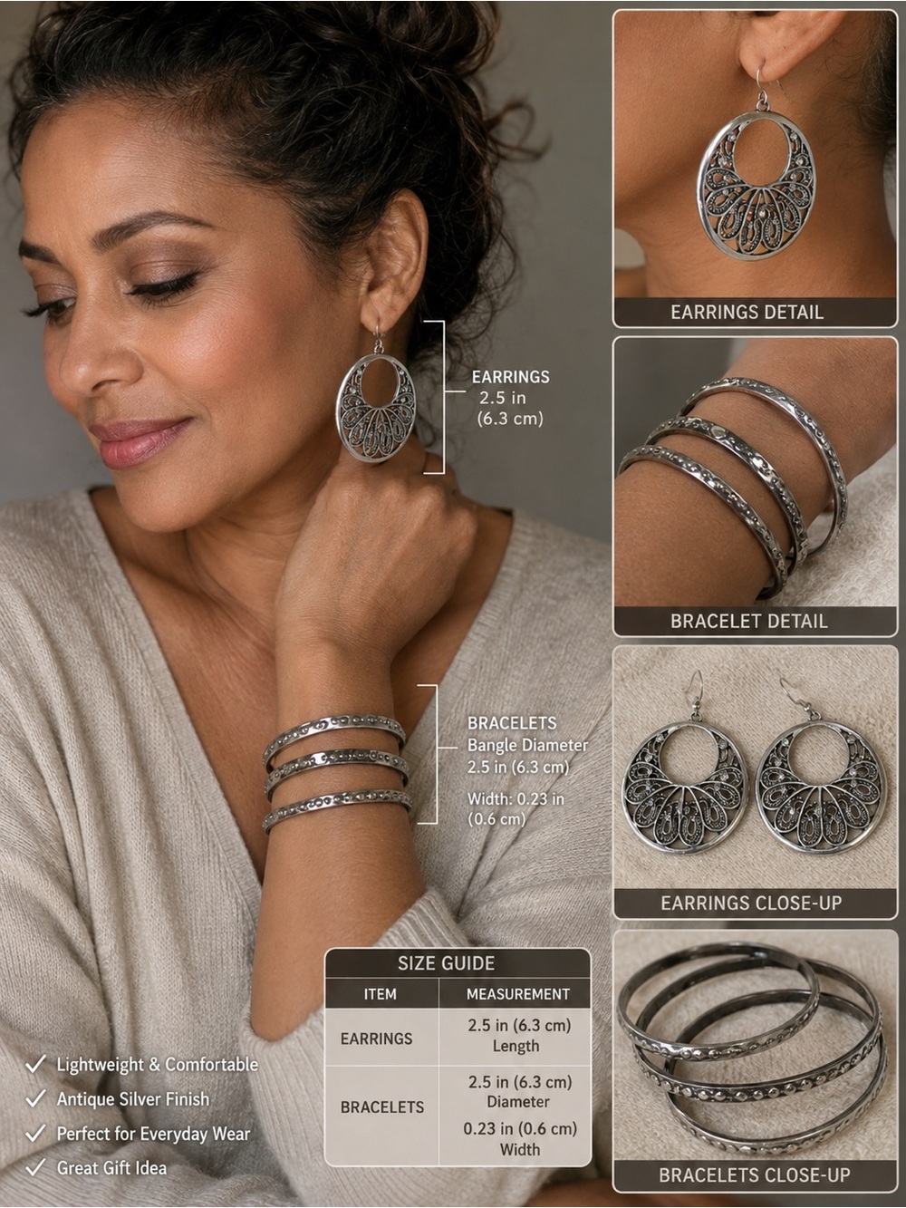1 Antique Silver Filigree Hoop Earrings pairing with 3Bangle Bracelet